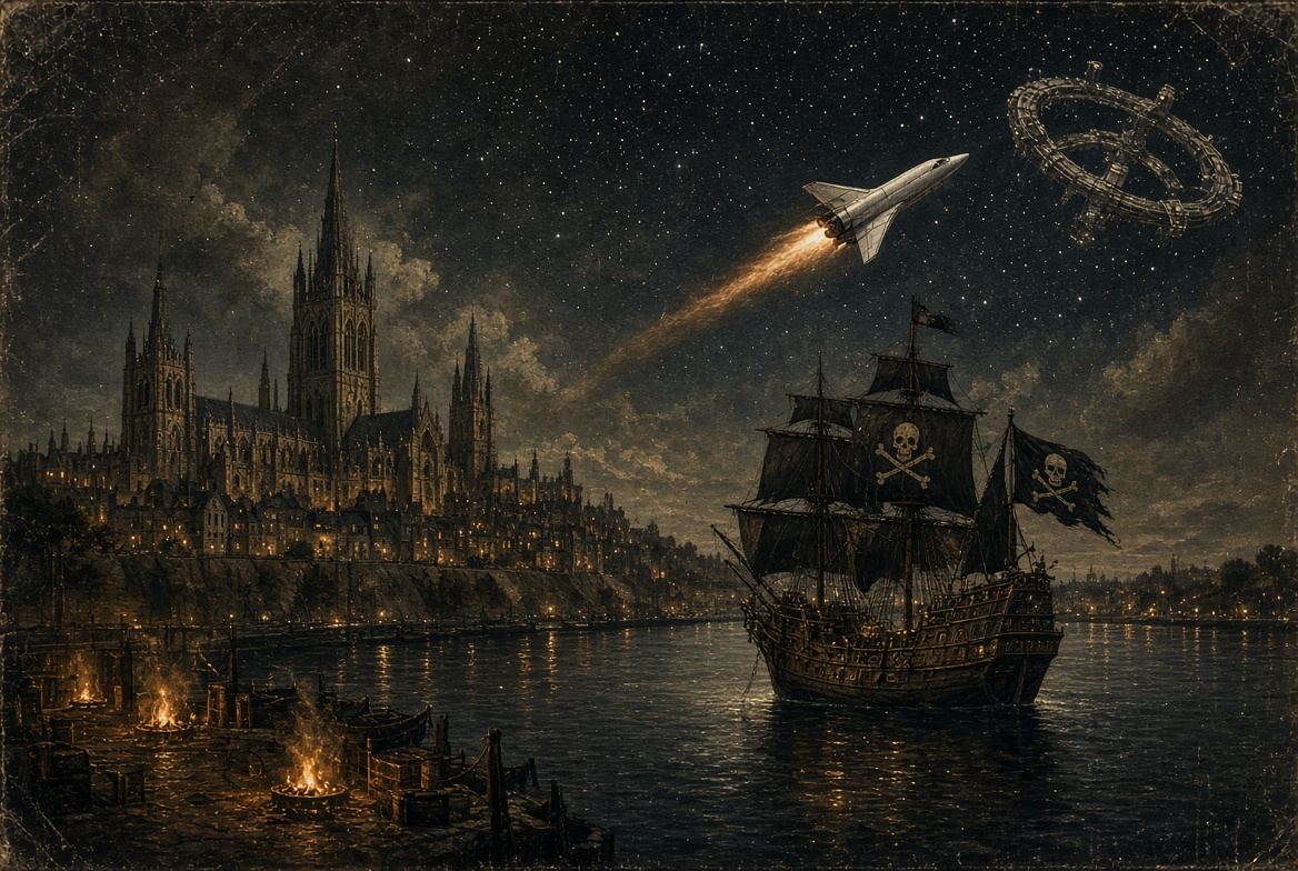English cathedral town at night with a civilian spaceplane and an orbital station overhead
